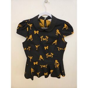 Ted Baker London Faunah Black Gold Jacquard Peplum Top Peter Pan Collar Size 3
